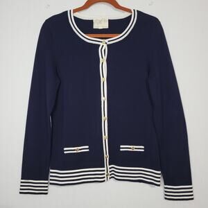 Debbie Morgan cardigan sweater sz M navy white striped nautical preppy old money